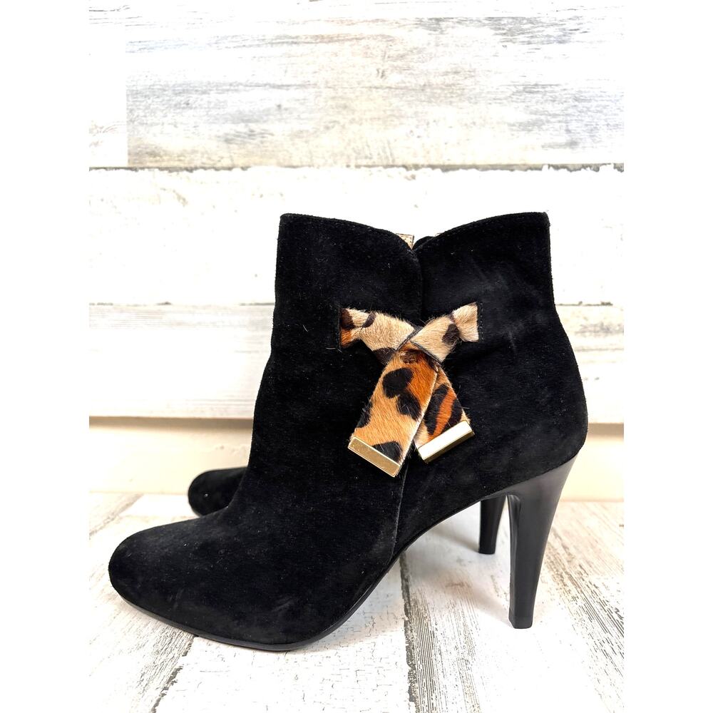 Talbots Meegan 9.5 Black Suede Ankle Boots Leopard Bow Stiletto Chic